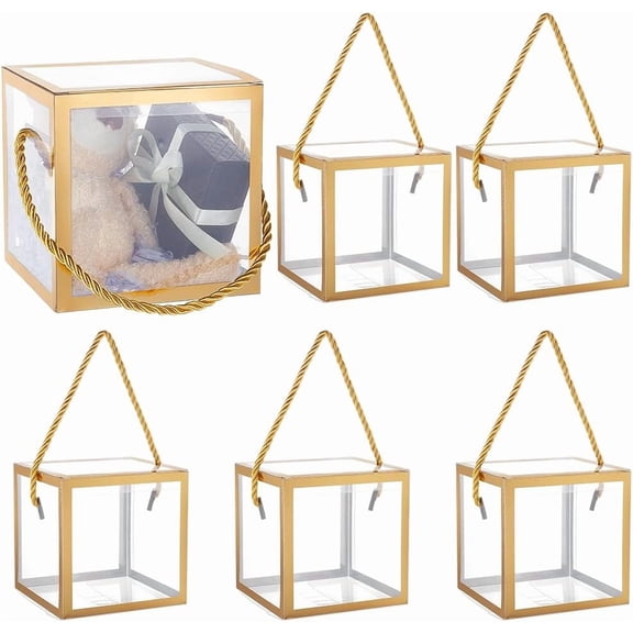 10Set Foldable Hot Stamping Transparent PVC Packaging Boxes with Polyester Rope Handles Square Gold 12.1x12.1x12.1cm