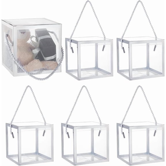 10Set Foldable Hot Stamping Transparent PVC Packaging Boxes with Polyester Rope Handles Square Silver 12.1x12.1x12.1cm