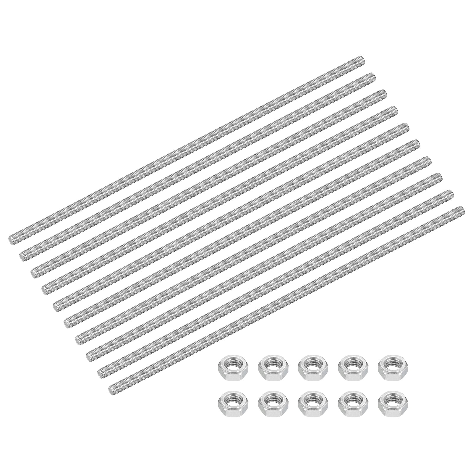 10Set M6-1.0x200mm Fully Threaded Rods, 304 Stainless Steel Thread Bar Studs & Nuts