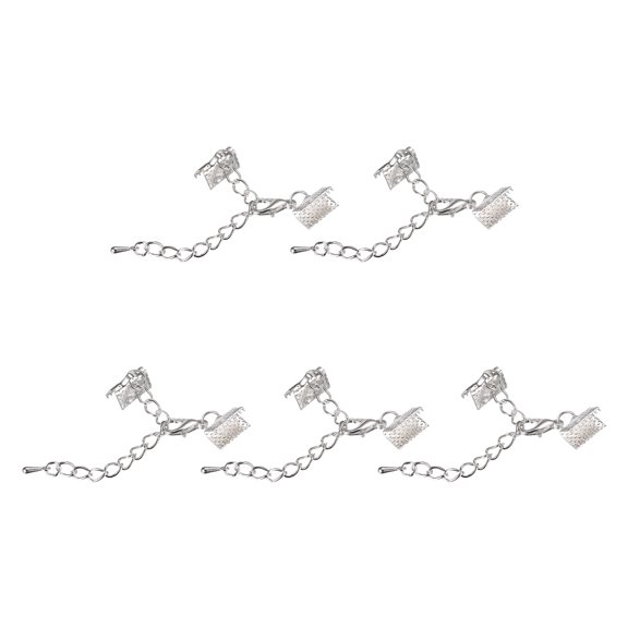 10Set Ribbon Crimp Clamp Ends Lobster Claw Clasps & Chain 10mm Silver Tone for DIY