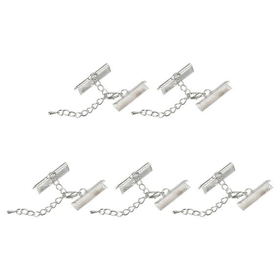 10Set Ribbon Crimp Clamp Ends Lobster Claw Clasps & Chain 25mm Silver Tone for DIY