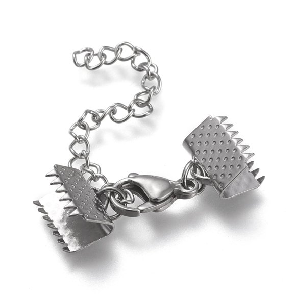10Set Tarnish Resistant 304 Stainless Steel Curb Chain Extender with Lobster Claw Clasps and Ribbon Crimp Ends Stainless Steel Color 33mm long Ribbon Ends: 10.5x8.5mm