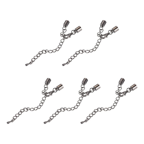 10Sets 5mm Leather Cord End Caps with Lobster Clasps & Extender Chain for DIY, Metallic Black