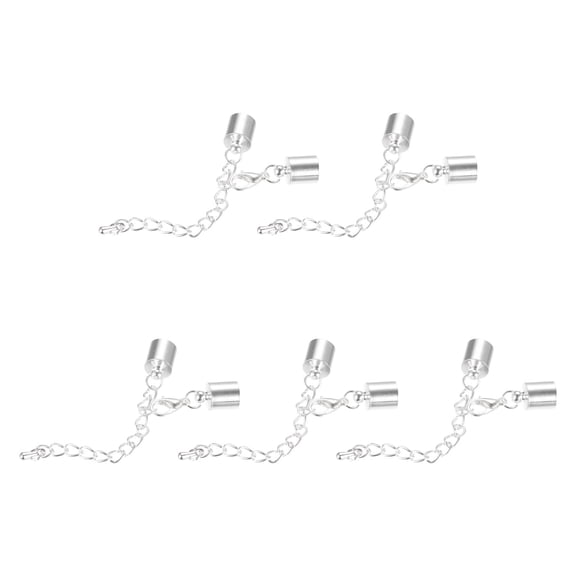10Sets 8mm Leather Cord End Caps with Lobster Clasps & Extender Chain for DIY, Silver Tone