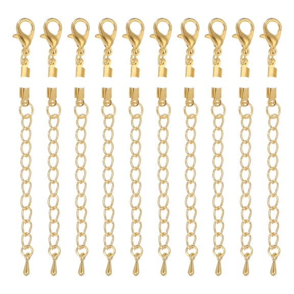 10Sets Fold Over Cord Ends, 2.5mm Terminators Crimp Cap Clasp Tips with Lobster Claw Clasps and Extension Chain for Leather DIY Craft Making Necklace Bracelet, Gold