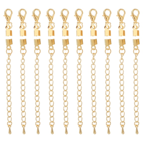 10Sets Fold Over Cord Ends, 3.5mm Terminators Crimp Cap Clasp Tips with Lobster Claw Clasps and Extension Chain for Leather DIY Craft Making Necklace Bracelet, Light Gold