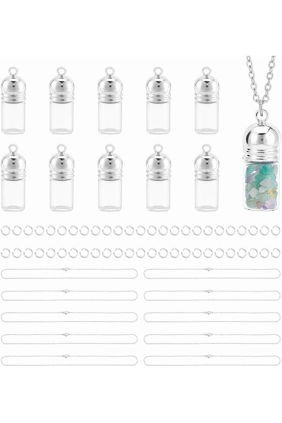 10Sets Glass Vial Necklace Making Kit Glass Vial Pendant Necklace Wish Bottles Hourglass Memorial Keepsake Cremation Ashes Holder Memory Container for DIY Jewelry Making