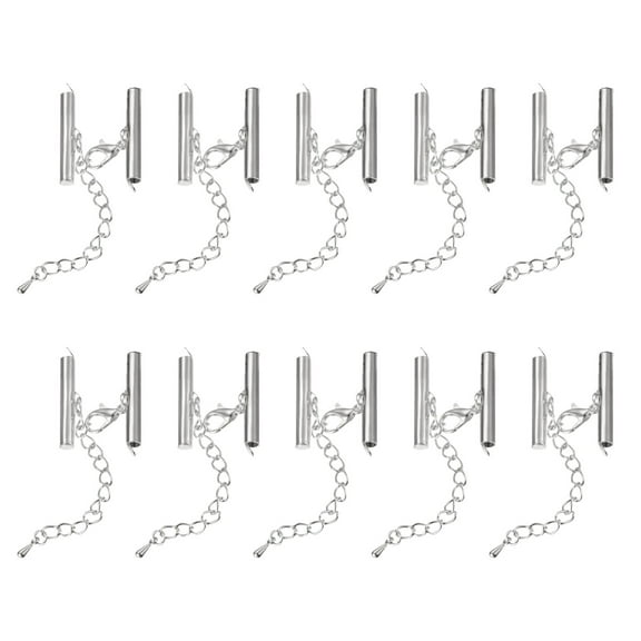 10Sets Slide on End Clasps with Lobster Claw Clasps & Extension Chain 25mm for DIY Craft Making, Silver White