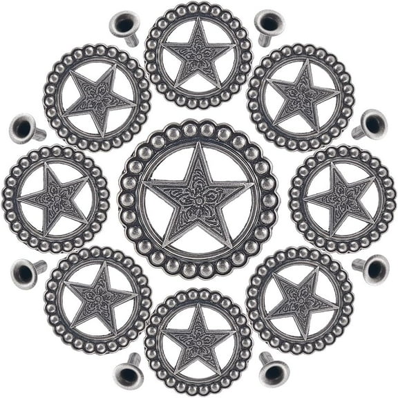 10Sets Star Screw Back Buttons 1.22" Pentagram Shape Hollow Out Antique Silver Metal Conchos Castings Decorative Leather Ornament Snap Fastener