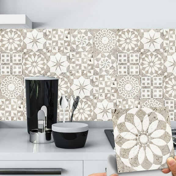 10Sheet Matte Film Tile Wall Sticker Retro Beige Gray Flower Decor 5.91"x5.91" Waterproof Peel and Stick Floor Stickers Non-Slip Vinyl Decals