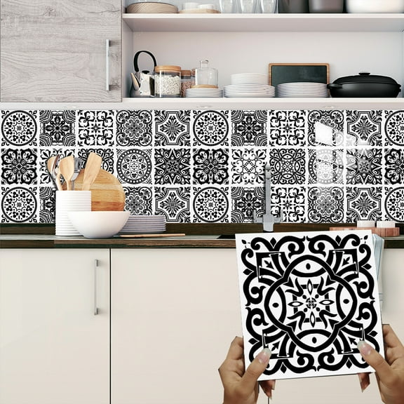 10Sheet Tile Wall Stickers 6"x6" Waterproof Vinyl Peel and Stick Kitchen Bathroom Backsplash Black & White Flower Pattern