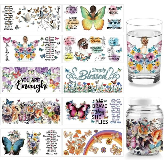 10Sheets UV DTF Cup Wrap 10 Styles Colorful Butterfly Women Wings Rub on Transfers PVC Transfer Stickers Waterproof Rub Decals for DIY 16OZ Glass Cups