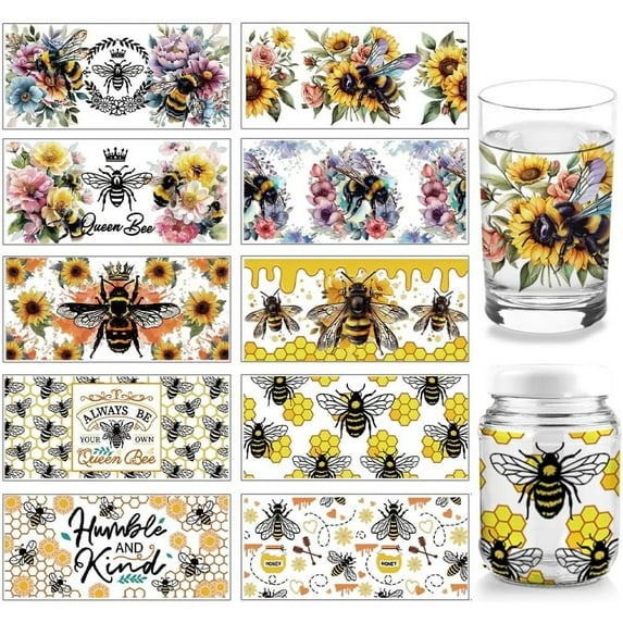 10Sheets UV DTF Cup Wrap 10 Styles Sunflower Bee Honeycomb Rub on Transfers Waterproof PVC Paper Rub on Decals for DIY 16OZ Glass Cups Furniture Wood 9.5x4.3inch