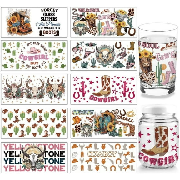 10Sheets UV DTF Cup Wrap 10 Styles West Theme Cowboy Boots Cow Skull Rub on Transfers PVC Paper Waterproof Rub Decals