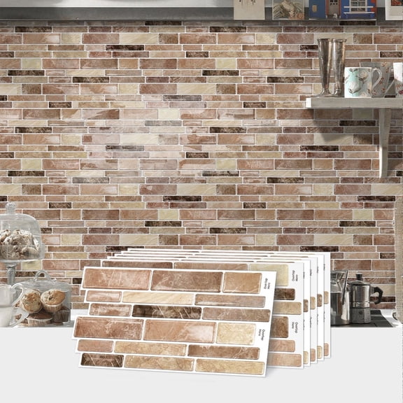 10Sheets Waterproof Beige Brown Marbling 3D Tiles Stickers 4.72" x 9.69" Mosaic Wall Decals Self Adhesive Peel and Stick Backsplash DIY Decor