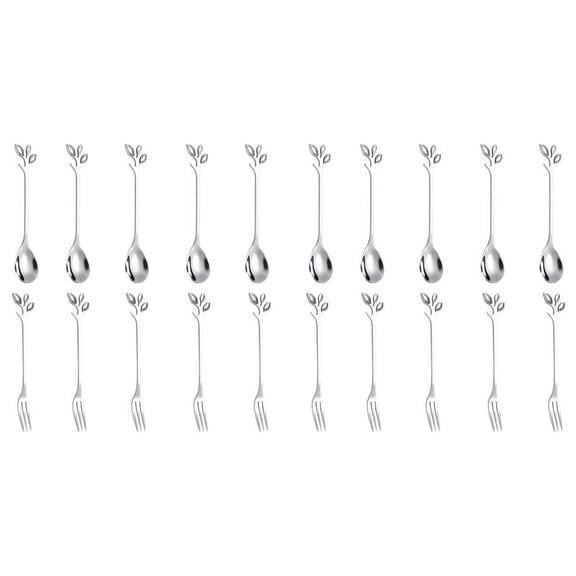 10Spoon+10Forks Stainless Steel Leaf Coffee Cake Spoon Fork Dessert Spoons, Stirring Teaspoon Set Silver