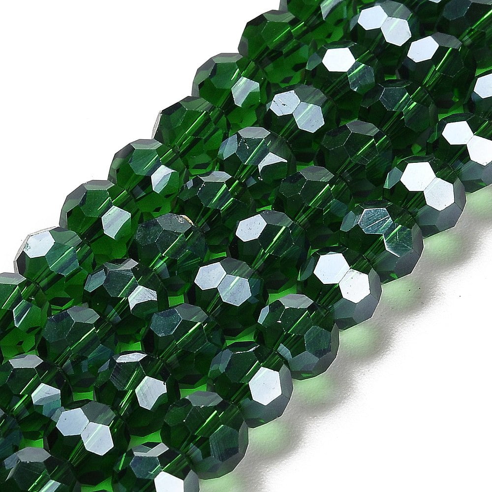 10Strand Electroplate Pearl Luster Plated Faceted(32 Facets) Glass Bead Strands Round Dark Green 8x7mm