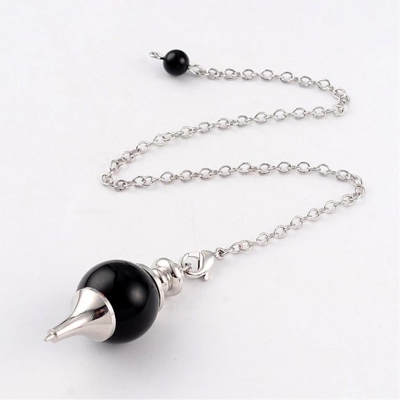 10Strand Natural Obsidian Sphere Dowsing Pendulums with Platinum Tone Brass Cross Chain & Lobster Claw Clasps 225~240mm