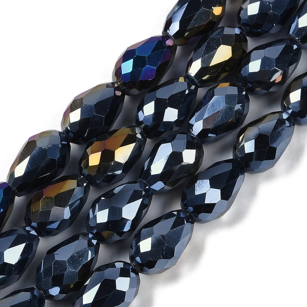 10Strand Opaque Solid Color Electroplate Glass Beads Strands AB Color Plated Faceted Teardrop Black 15x10mm Hole: 1.6mm 46~48pcs/strand 27.95 inch(71cm)