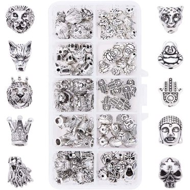 Multi Color Metal Spacer Beads Charms – Skull, Tiger, Lion, Buddha, Owl, Roman, Mask – Round Mix