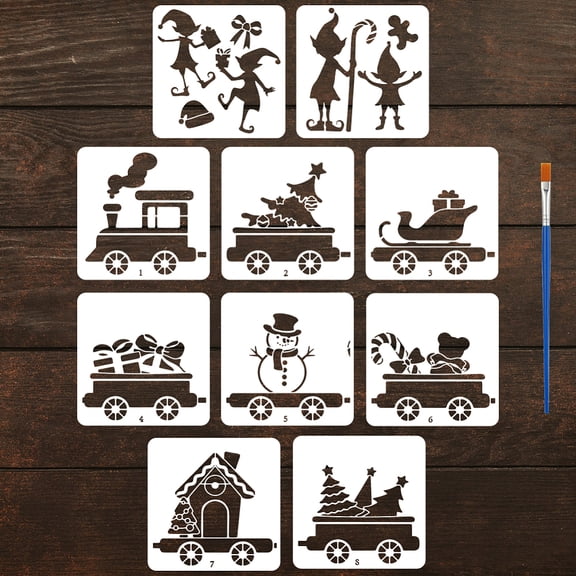 10Styles Christmas Elf Train Stencil with a Brush 11.8x11.8Inch Christmas Decorative Painting Stencils Snowman Trees Drawing Stencils PET