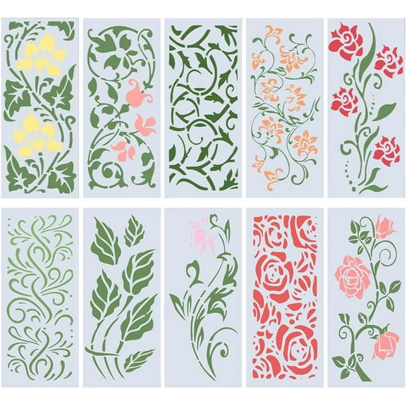 10Styles Wildflower Painting Stencils Leaves Floral Plants Blossom Branches Reusable Layering Spring PET Drawing Template DIY Scrapbook Coloring on Wood Floor Wall