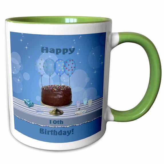 3drose, 10th Birthday Party with Chocolate Cake and Blue Balloons, 11oz Two-tone Green Mug