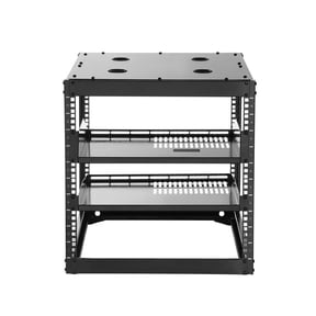 10U 4-Post Open Frame Server Rack, 23 Inch Deep, Universal Wall Mount or Floor Stand, Includes Vented Shelves & Mounting Hardware for Networking Gear