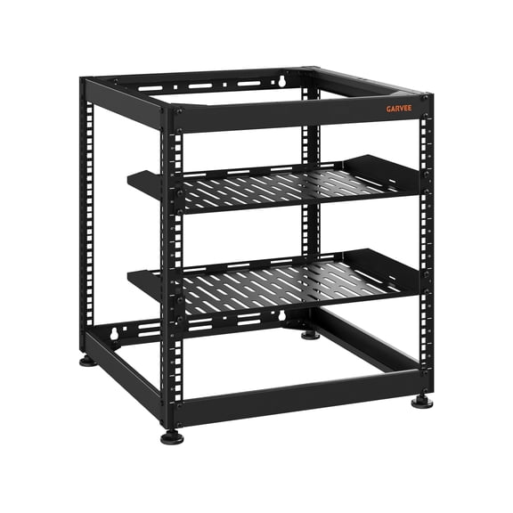 10U Network Cabinet - Open Frame Rack, Includes 2PCS 1U Vented Shelves for Servers & AV Gear