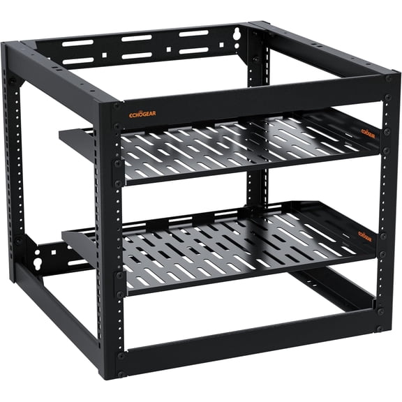 10U Network Rack - Wall Mountable Heavy Duty 4 Post Design Holds All Your Networking & AV Gear - Open Frame Design Includes 2 1U Vented Shelves & Mounting Hardware