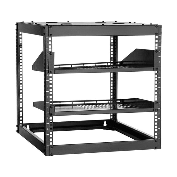 10U Open Frame Rack, 23in Depth - Wall Mount Server Rack, Floor Standing Network Rack - Heavy Duty 4 Post with Vented Shelves & Hardware