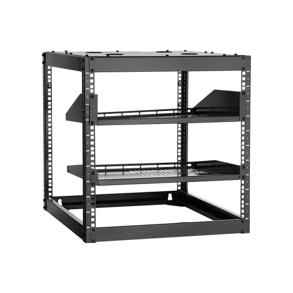 10U Server Rack Open Frame, 23" Depth, Versatile Wall Mount and Floor Standing 4-Post Design, with Vented Shelves & Mounting Kits for IT Equipment