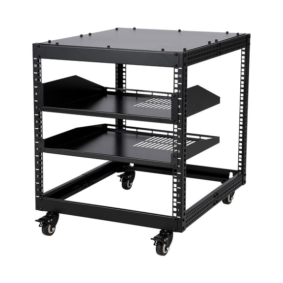 10U Open Frame Server Rack 23 in -40 in Adjustable Depth Wall Mount & Free Standing Network Rack with 4 Lockable Casters & 2pcs 1U Server Rack Shelf Holds All Your IT AV Equipment Rack
