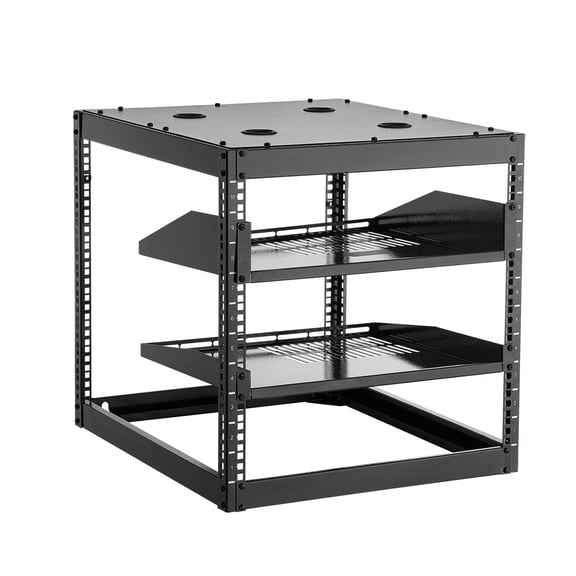 10U Open Frame Server Rack, 23-Inch Depth - Heavy Duty 4-Post Wall Mount or Floor Standing Network Rack with Vented Shelves & Hardware for IT/AV Equipment