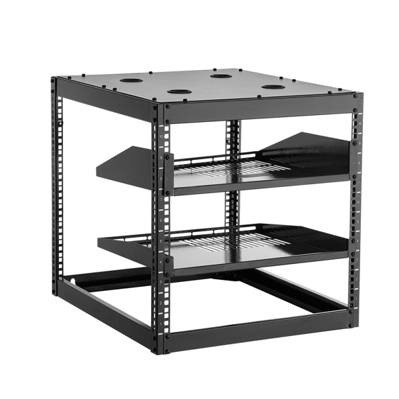 10U Open Frame Server Rack, 23in Depth - Wall Mount or Floor Standing - Heavy Duty 4 Post Rack with Vented Shelves & Hardware