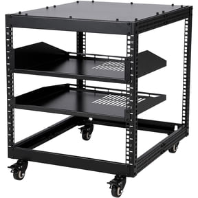 10U Open Frame Server Rack, Free Stand or Wall Mount Network Rack with Lockable Wheels & 2Pcs 1U Vented Shelves, 23"-40" Adjustable Depth, for Networking, Servers, Audio, and Video Equipment