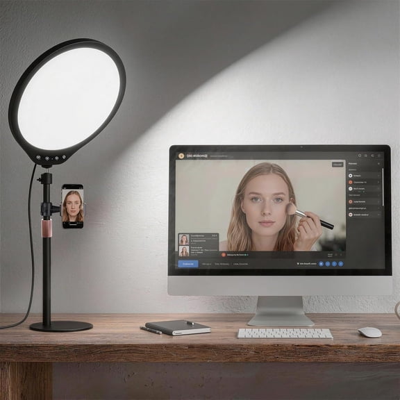 10W 12" Ring Light with Desk Stand & Phone Holder, Dimmable 360 Rotatable LED Full Screen Computer Lamp for Zoom Meetings, Streaming, Gaming, TikTok,YouTube,Videos with Night Light Mode