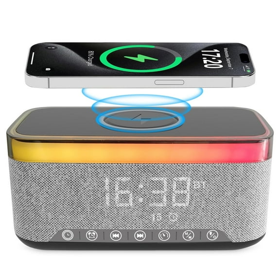 10W Bluetooth Stereo Speaker-Alarm Clock, Wireless Charging, RGB light