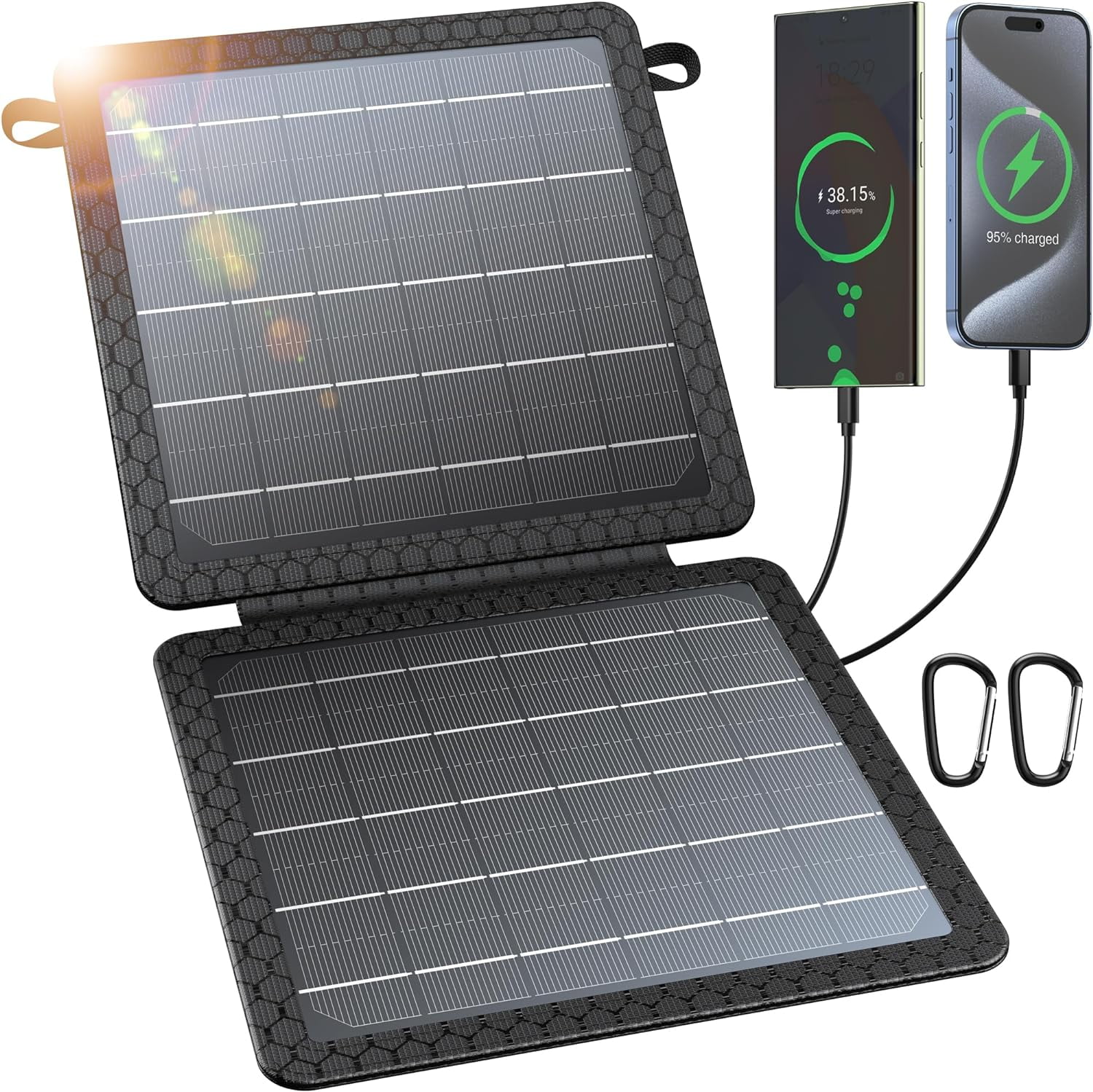10W Foldable Portable Solar Charger with Dual USB Outputs, 24% High Efficiency Solar Panels, Waterproof, Dustproof & Shockproof, Compatible with Most Devices
