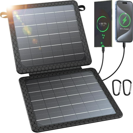 10W Foldable Portable Solar Charger with Dual USB Outputs, 24% High Efficiency Solar Panels, Waterproof, Dustproof & Shockproof, Compatible with Most Devices