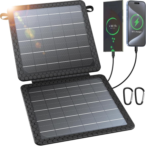 10W Portable Solar Charger(5V/2A Max), Small Foldable Solar Panel with USB-C USB-A Outputs Compatible with Cell Phone Tablet, IPX4 for Camping, Hiking, Backpacking
