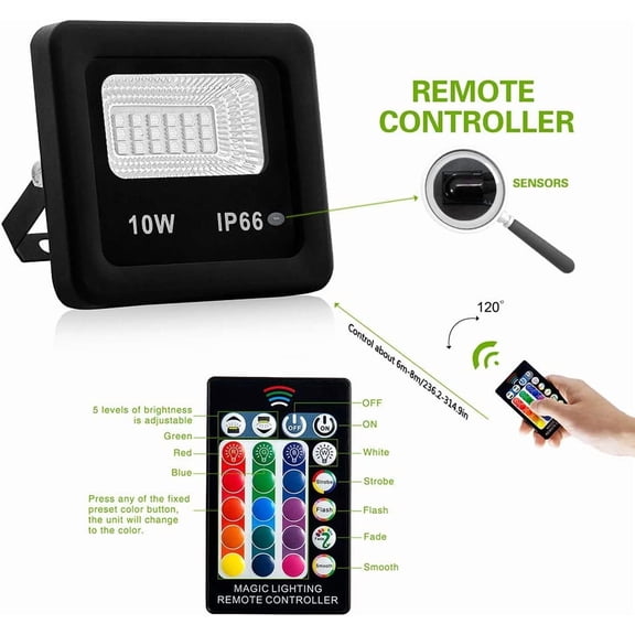 10W RGB LED Flood Lights Outdoor, IP66 Waterproof Color Changing Floodlight with Remote Control, 16 Colors 4 Modes Dimmable Stage Lights for Garden Landscape Party Wedding Christmas Decor