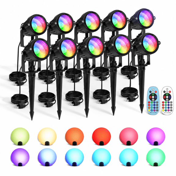 10W RGBW LED Landscape Spot Lights, 10 Color Options, Outdoor Yard Garden Decor Lighting