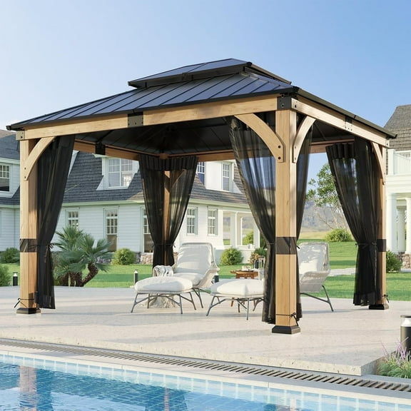 Auhilence 10x12 FT Cedar Wood Gazebo with Nettings, Hardtop Gazebo with Galvanized Steel Double Roof