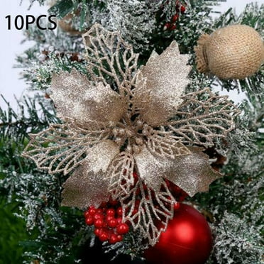 10X Christmas 11cm Poinsettia Glitter Flower Tree Hanging Party Xmas Decor