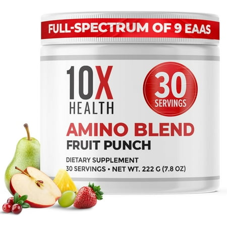10X Health Amino Blend Fruit Punch - EAA & BCAA Amino Acids Powder, Pre & Post-Workout Energy Boost, 30 Servings