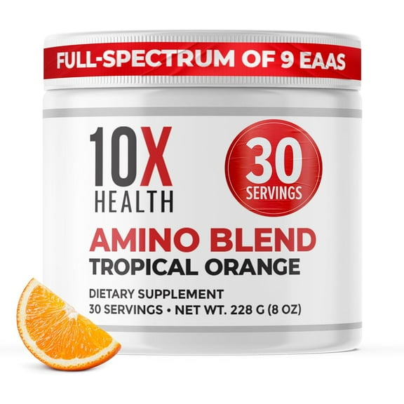 10X Health Amino Blend Tropical Orange - EAA & BCAA Amino Acids Powder, Pre & Post-Workout Energy Boost, 30 Servings