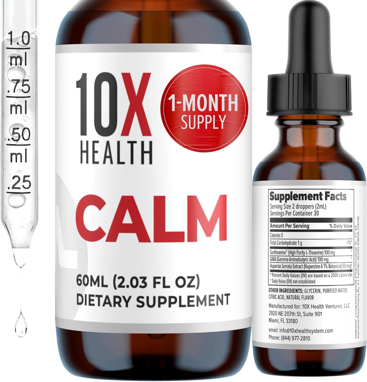 10X Health Calm - L-Theanine & GABA  Liquid Drops, Stress Relief Supplement, 2.03 fl oz.