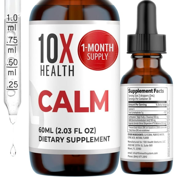 10X Health Calm - L-Theanine & GABA  Liquid Drops, Stress Relief Supplement, 2.03 fl oz.