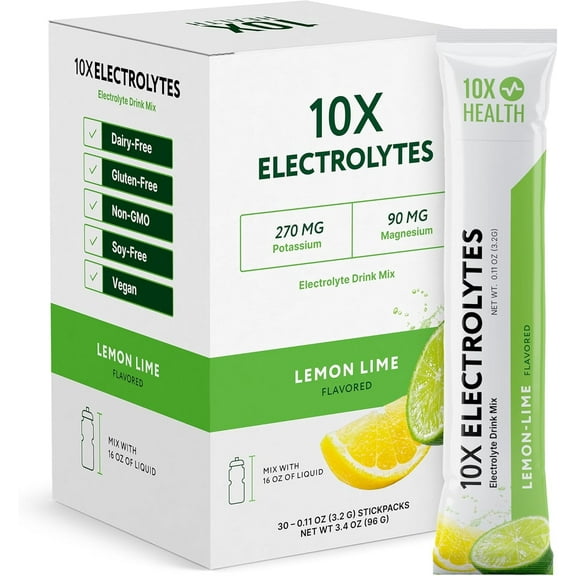 10X Health Electrolytes Powder Drink Mix Lemon Lime Sugar-Free, Non-GMO Hydration Packets with Potassium, Magnesium & Sea Salt 30 Stickpacks